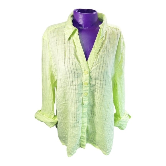 JM Collection yellow green long roll sleeve sheer stripe linen button up top 16 - Picture 1 of 7